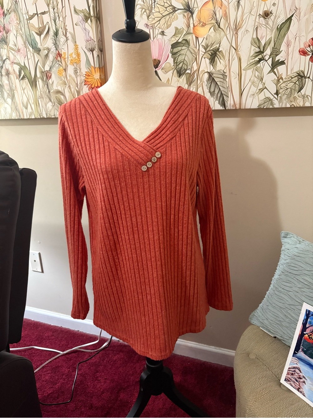 Ribbed V-Neck Button Accent Sweater - Rust